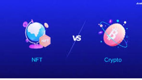 A comparison between Bitcoin (digital currency) and NFTs (unique digital assets) shown with blockchain icons and distinct visuals.