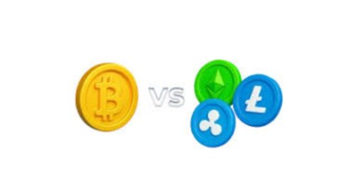 Illustration showing Bitcoin, Ethereum, and Altcoins with blockchain network connections and comparison icons
