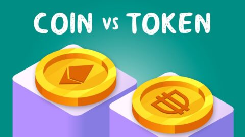 Infographic comparing coin and token in cryptocurrency with key differences like blockchain, usage, and examples